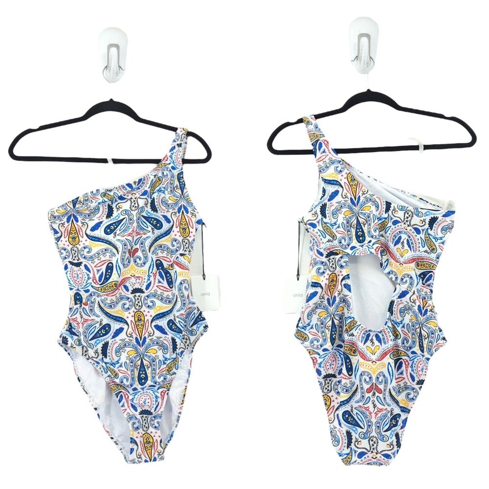 ONIA Women L Sienna Swimsuit White Paisley One Shoulder One Piece Cut Out NEW